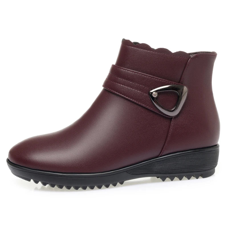 Damen Schneestiefel aus echtem Leder mit rutschfestem flachem Boden