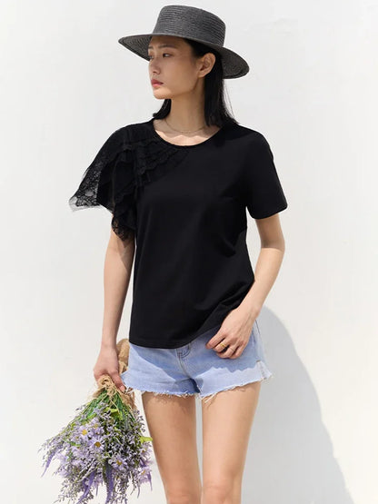 Damen T-Shirt aus mercerisierter Baumwolle im minimalistischen Patchwork-Stil mit Spitze