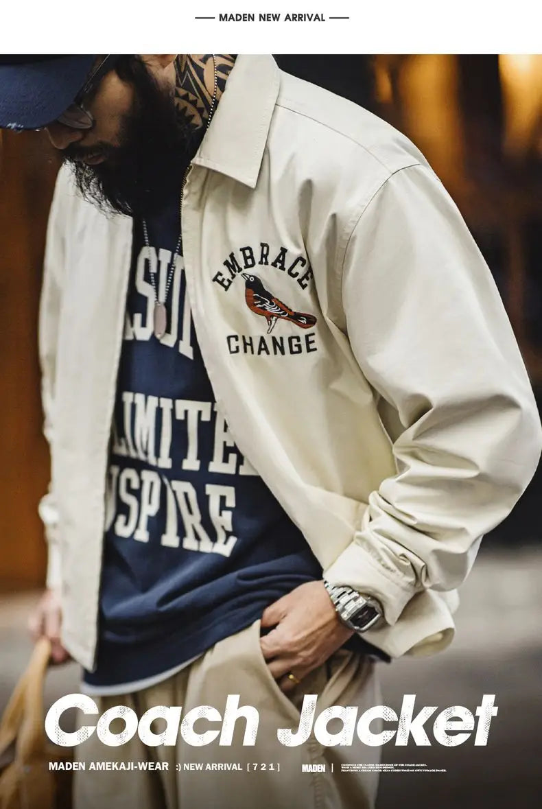 Herren Vintage-gestickte Coach-Jacke im lässigen Stil mit Reißverschluss