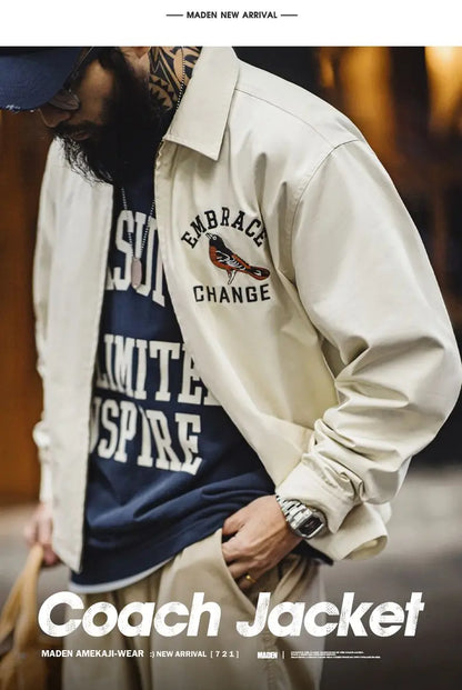 Herren Vintage-gestickte Coach-Jacke im lässigen Stil mit Reißverschluss