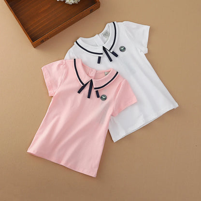 Mädchen T-shirt Sommer Baumwolle Tennis Kleidung für 4-10Y Kinder Drehen-unten Kragen Bogen Tops Kurzen Ärmeln Casual Tee