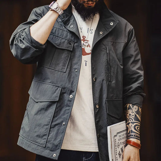 Herren Jacke Vintage Dunkelgrau Wasserdichte Stehkragen 4-Taschen Arbeitsjacke