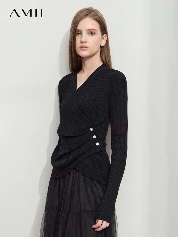 Damen V-Ausschnitt Pullover plissiert Muschelschnalle Wolle Herbst