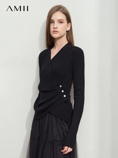 Damen V-Ausschnitt Pullover plissiert Muschelschnalle Wolle Herbst
