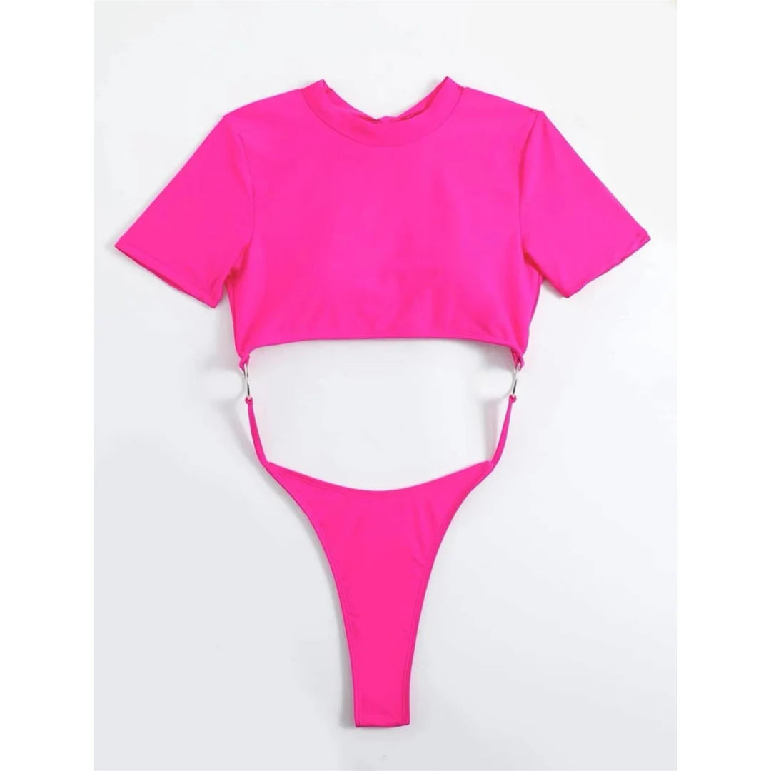 Damen Badeanzug Micro Tanga Cut-Out Monokini Kurzarm 9 Farben