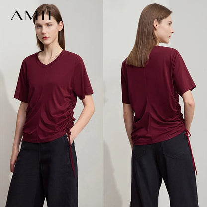 Damen T-Shirt mit solidem V-Ausschnitt und Kordelzug für den Sommer