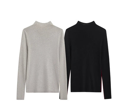 Damen-Pullover mit Stehkragen, langarm, hellgrau und schwarz