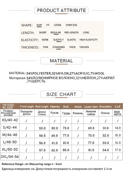 Größentabelle für Pullover mit Materialangaben und Messwerten