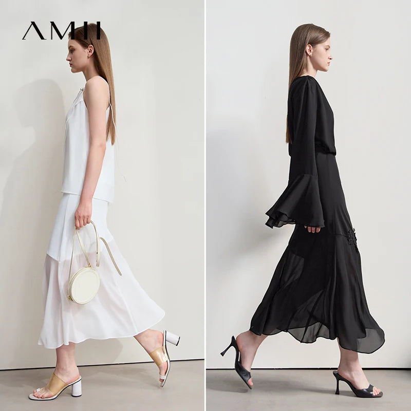 Weiße Midirock mit weichem Fall und mehrlagigem Look, seitlich mit Spitzenkante