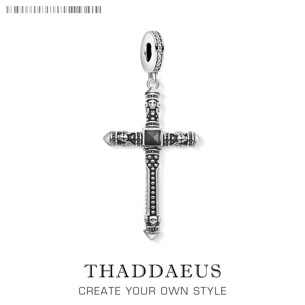 Damen-Charm-Anhänger Totenkopf Kreuz Nieten Punk Rebel aus Sterlingsilber