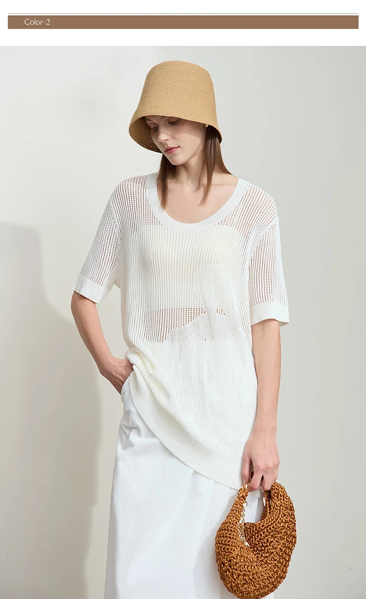 AMII weißer Kurzarm-Strickpullover mit U-Ausschnitt, luftig durchbrochen