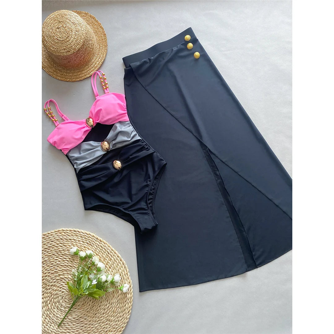 Damen Badeanzug Spleiß Cut-Out Rock gerüscht Einteiler Monokini