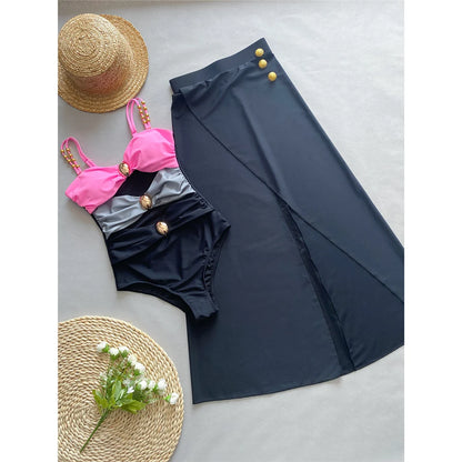 Damen Badeanzug Spleiß Cut-Out Rock gerüscht Einteiler Monokini