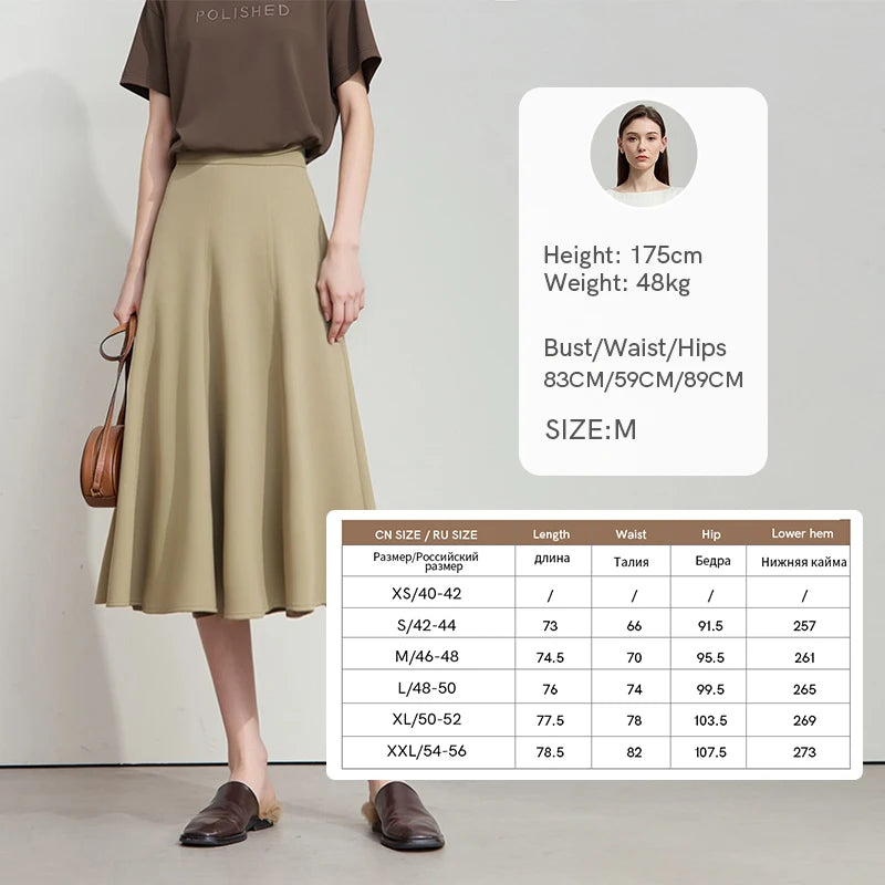 Khakifarbener Damenrock mit hoher Taille, A-Linien-Schnitt und weit schwingendem Midi-Saum