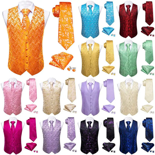 Orange Satin-Herrenweste mit Stickerei im Paisley-Muster, Knopfleiste, dazu Krawatte und Einstecktuch