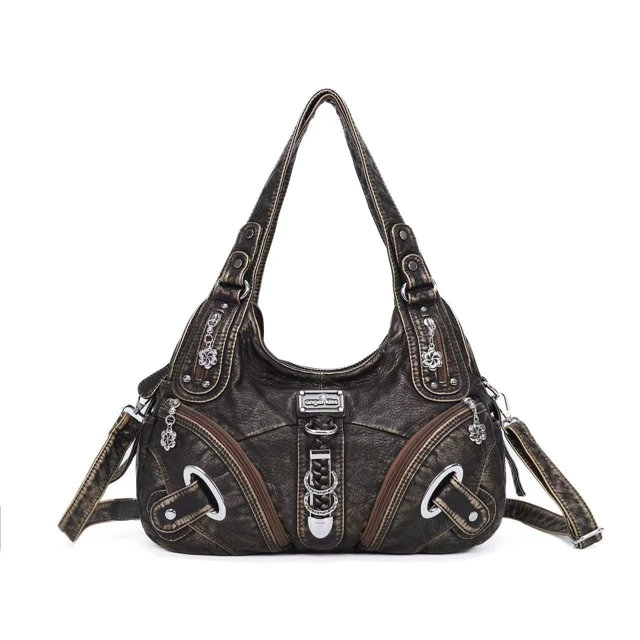 Dunkelbraune Handtasche mit Tragegriffen, silbernen Zierketten und Front-Applikationen.