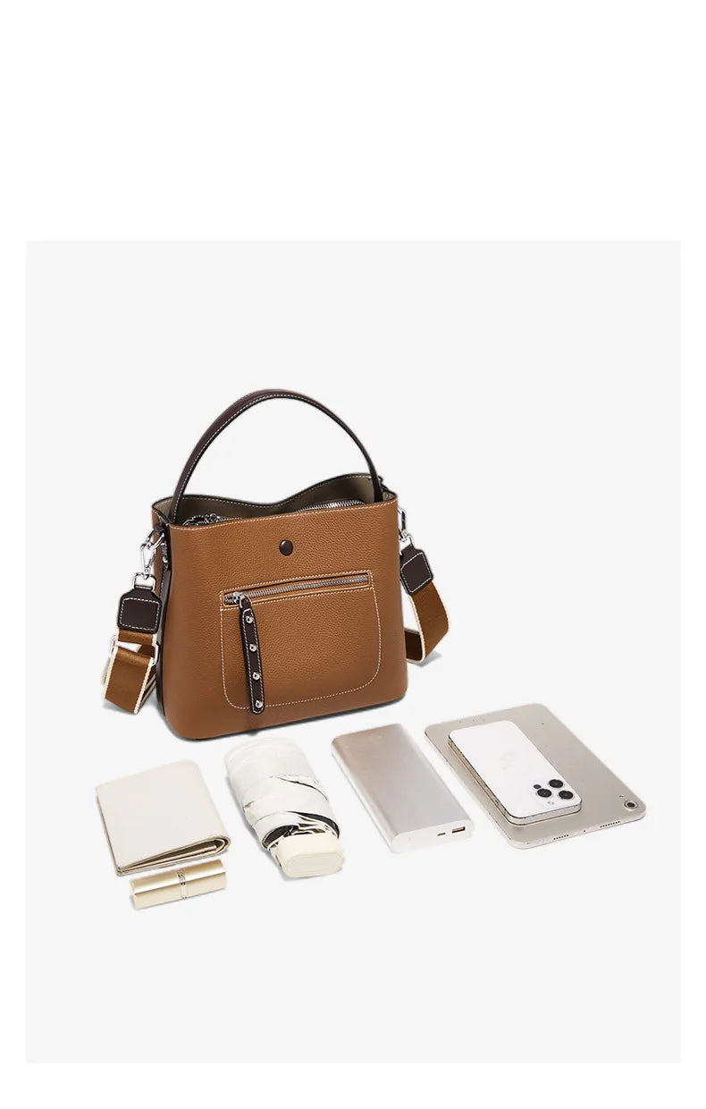 Damen-Handtasche aus echtem Leder im Bucket-Stil mit großem Fassungsvermögen Alltagstauglich