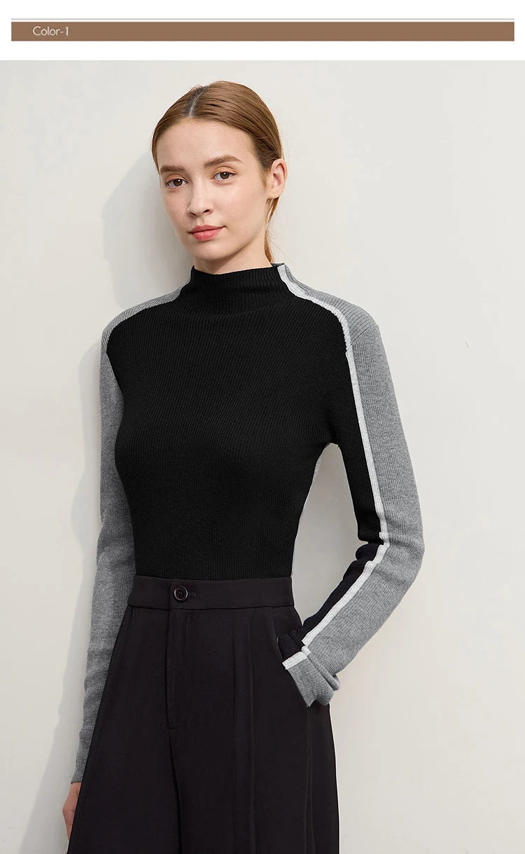 Damen-Halbrollkragen-Pullover Slim asymmetrisch Kontrast Winter