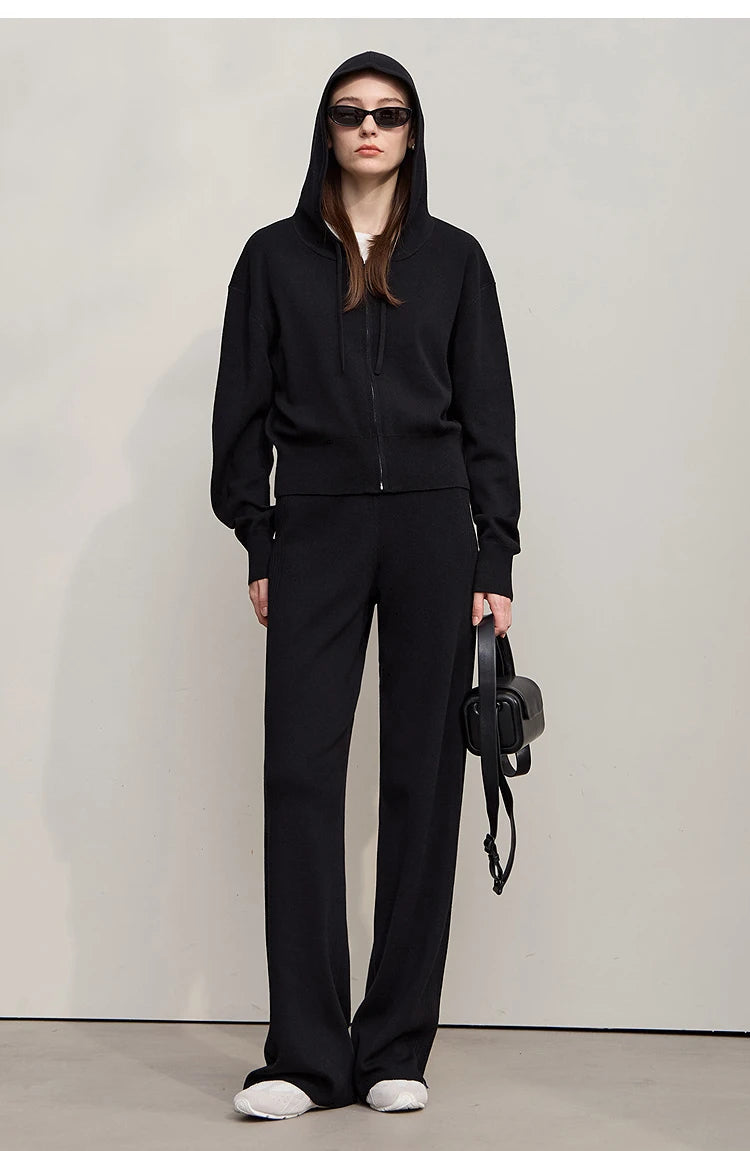 Damen-Strickjacke Kapuze Reißverschluss locker 2-teilig Set Herbst