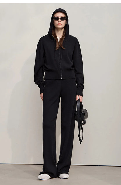 Damen-Strickjacke Kapuze Reißverschluss locker 2-teilig Set Herbst