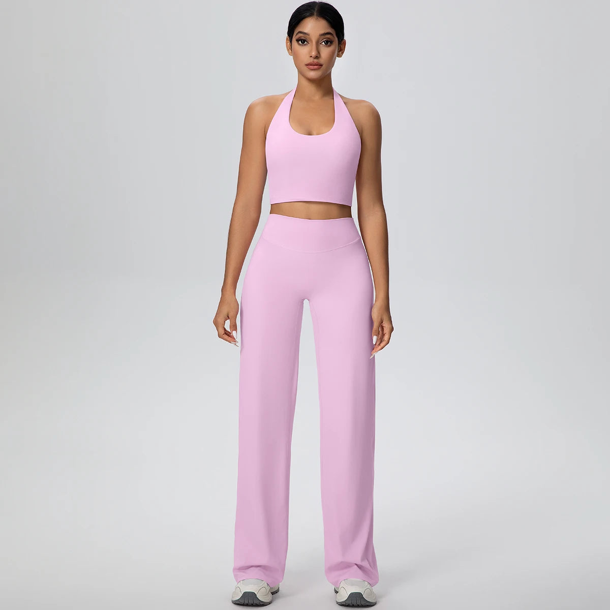 Yoga-Set für Frauen: Sport-BH und weite Hose, rosé/lila, Vorderansicht