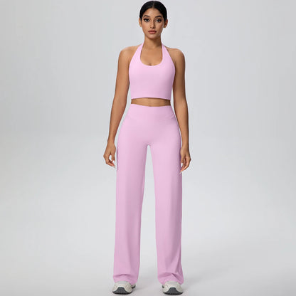 Yoga-Set für Frauen: Sport-BH und weite Hose, rosé/lila, Vorderansicht