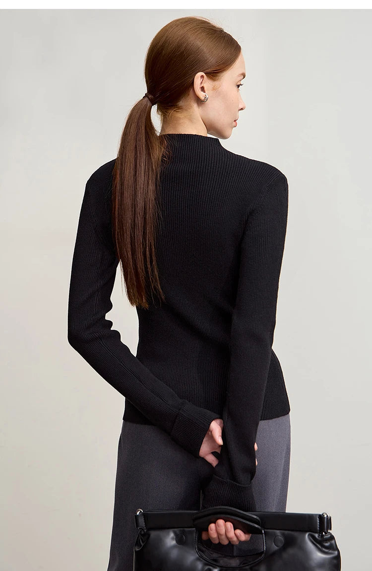 Damenpullover mit Stehkragen, langarm, schwarz, Rückansicht