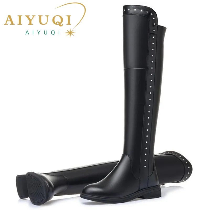 AIYUQI Womens Knee High Boots Winter 2025 New Genuine Leather Women Thigh High Boots Plus Size Wool Warm Women's High Boots