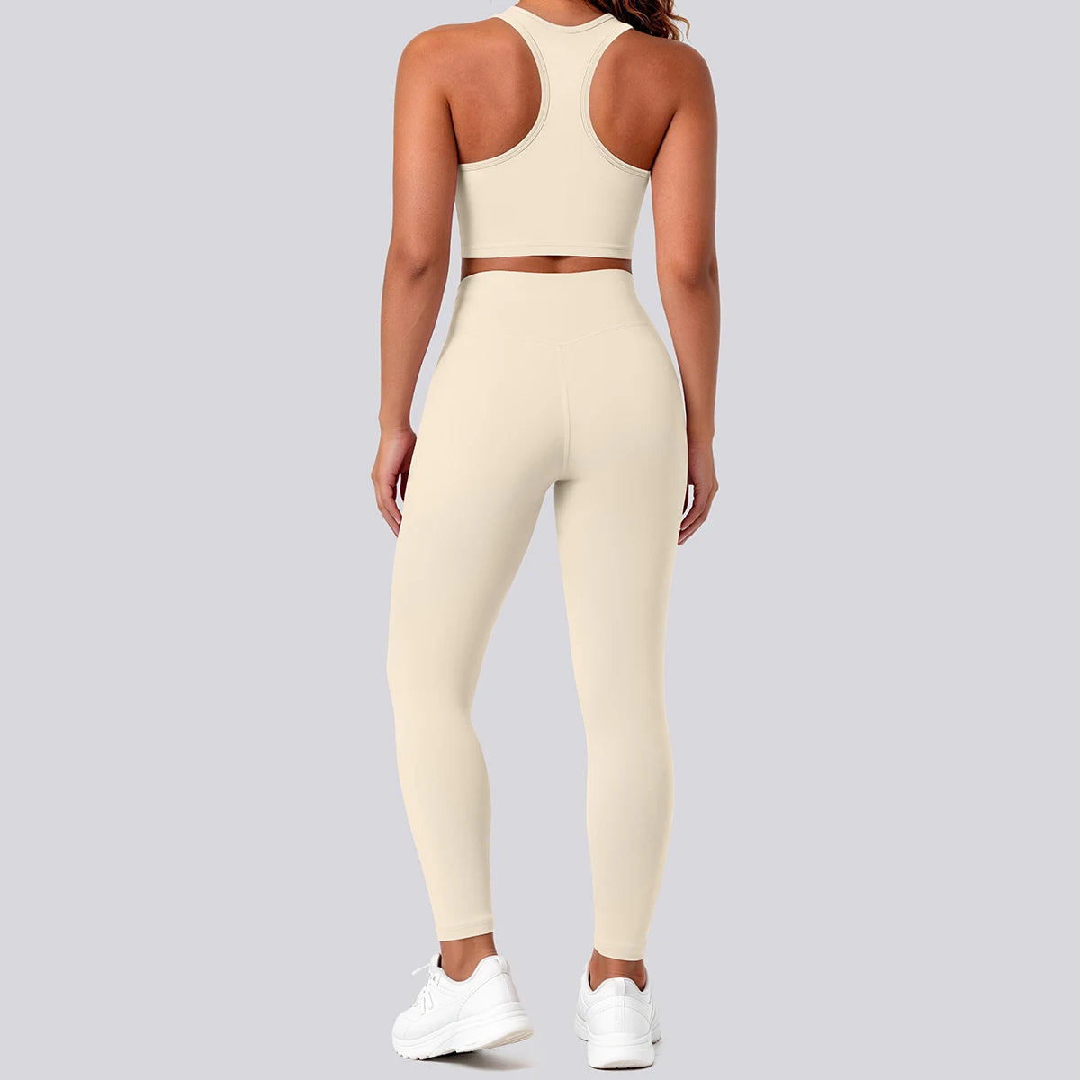Nahtfreies Yoga-Set mit Sport-BH und Leggings in Hellbeige, Rückenansicht