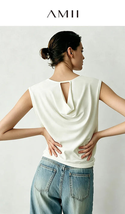 Damen-Rundhalspullover ärmellos Drapierung Cut-Out Lyocell Sommer