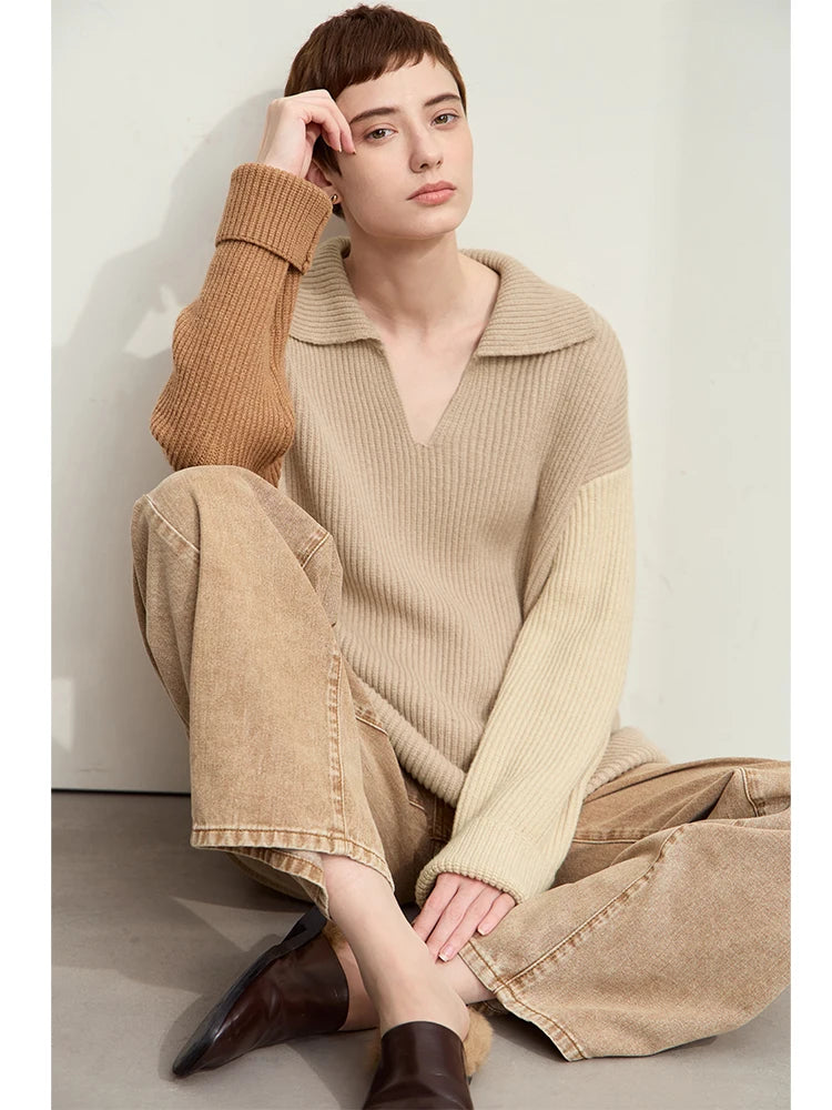 Damen V-Ausschnitt Pullover Patchwork Raglan locker Herbst-Winter