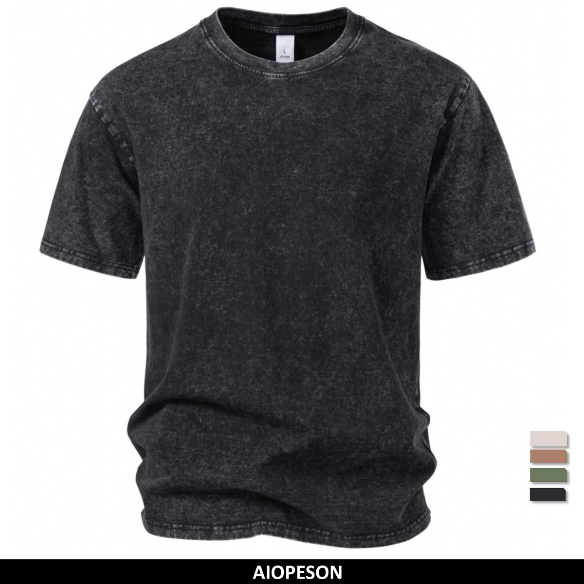 Vintage Herren-T-Shirt aus Baumwolle mit Säurewaschung, dunkelschwarz, Rundhals