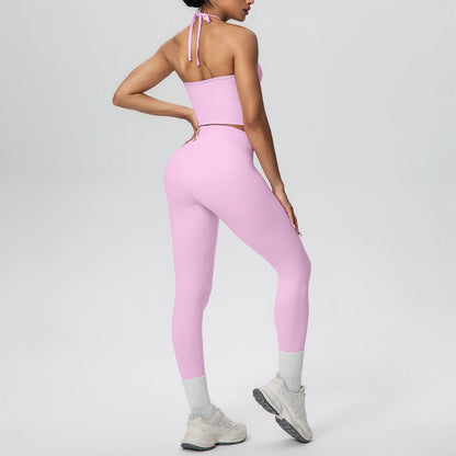 Rosa Damen-Yogaset: Tanktop und Capri-Leggings mit hellen Knöchel-Bündchen