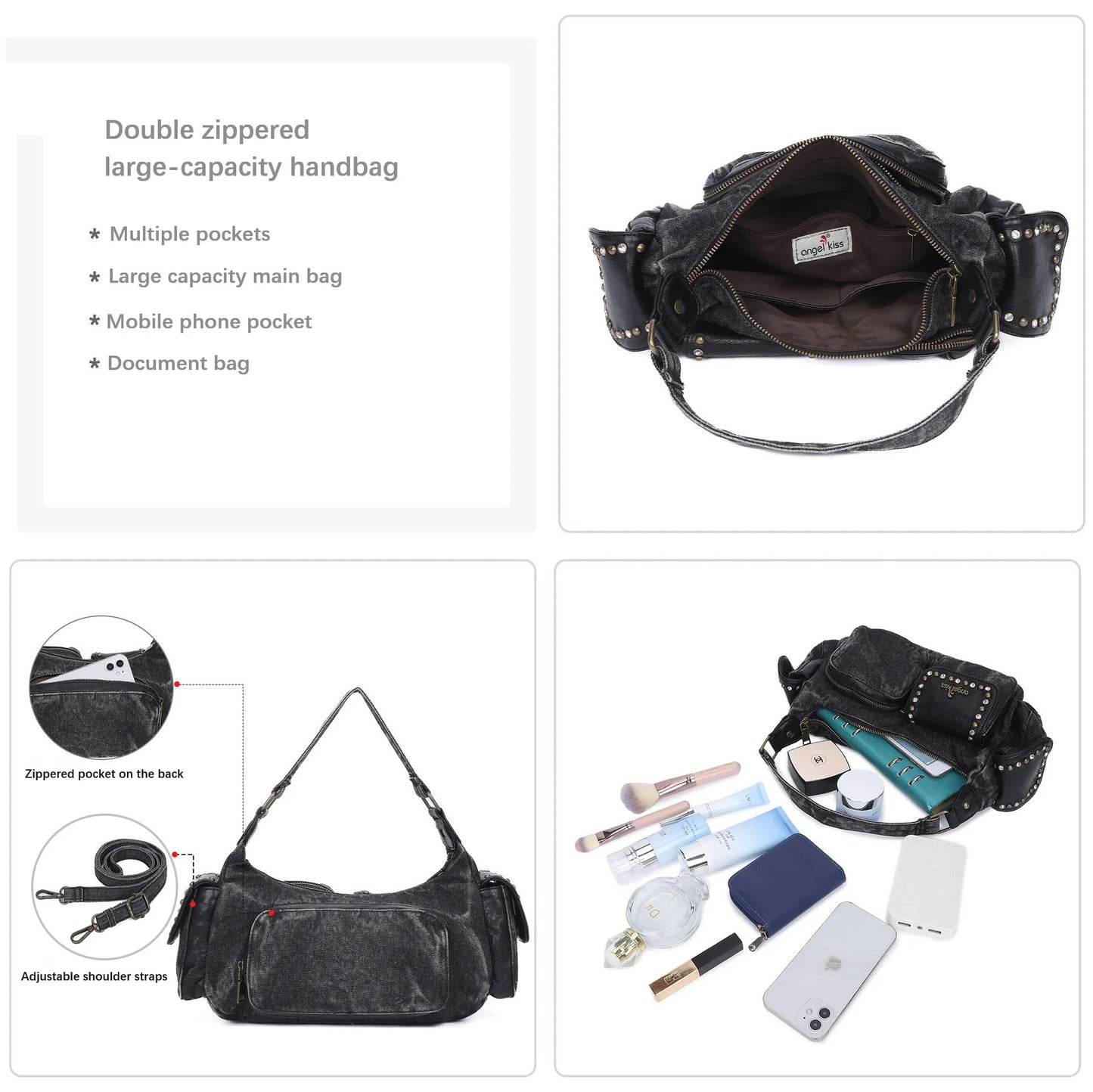 Damen-Schultertasche aus Denim und Canvas mit Reißverschluss und großem Hauptfach und Smartphonefach