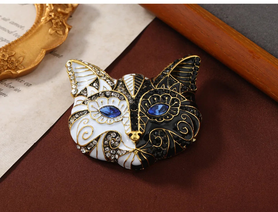 Brosche Katze Maske Emaille Kristall Barock Palast Tropföl Vintage Damen