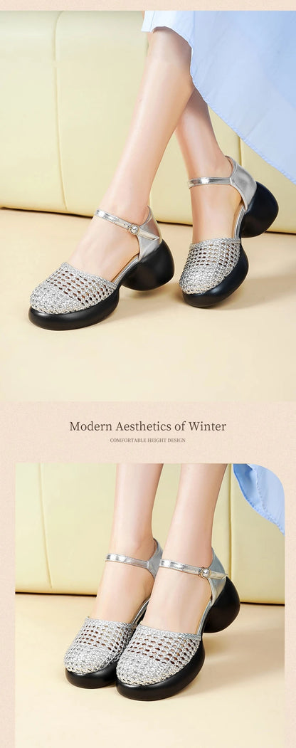 AIYUQI frauen Sandalen Retro 2025, Neue Sommer Römischen Weiblichen Sandalen Große Größe Woven Hohl High Heels Für Frauen