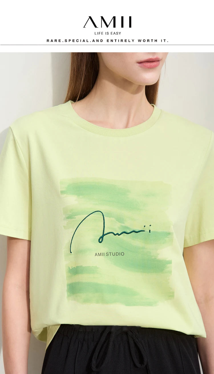 Damen T-Shirts im lässigen Minimalismus-Stil mit O-Ausschnitt und Stickerei