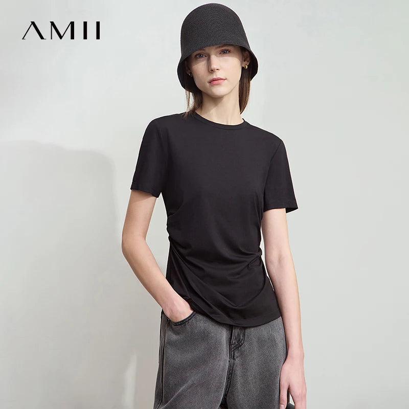 Damen T-Shirt mit Rundhalsausschnitt und gebrochenen Falten aus Modal-Baumwolle