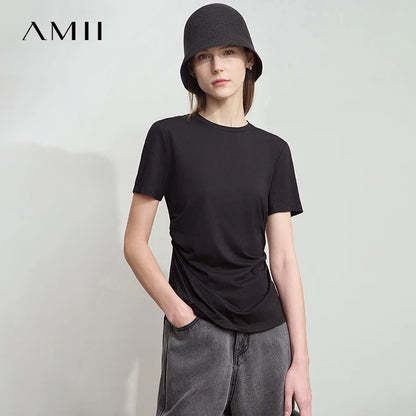 Damen T-Shirt mit Rundhalsausschnitt und gebrochenen Falten aus Modal-Baumwolle