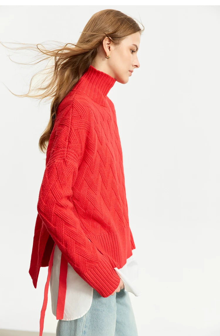 Damen-Rollkragenpullover locker Schnürung Herbst-Winter