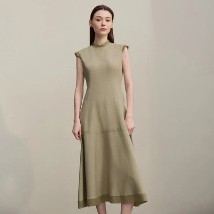 Ärmelloses Damen-Midikleid in Oliv mit Stehkragen und leicht ausgestelltem Rock