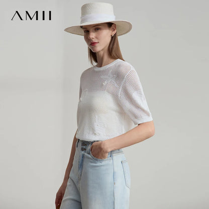 Damen Top im minimalistischen Ozean-Stil mit Perlenbesatz und durchbohrten Löchern