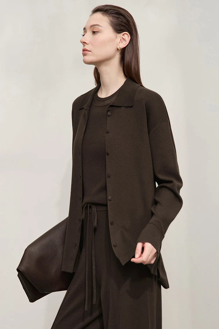 Damen-Strickjacke lang Seide-Wolle Umlegekragen locker Herbst