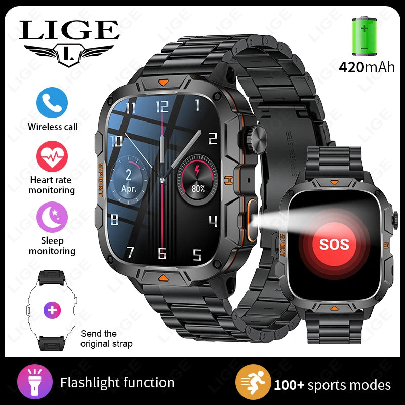 LIGE 2024 Männer Frauen Smart Uhr Bluetooth Anruf Musik Spiel Stimme Assistent Smartwatch Outdoor Fitness Sport Taschenlampe Armbanduhr