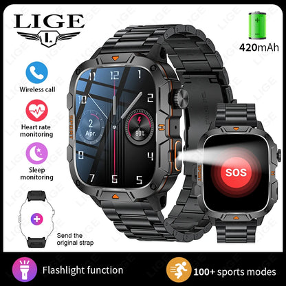 LIGE 2024 Männer Frauen Smart Uhr Bluetooth Anruf Musik Spiel Stimme Assistent Smartwatch Outdoor Fitness Sport Taschenlampe Armbanduhr