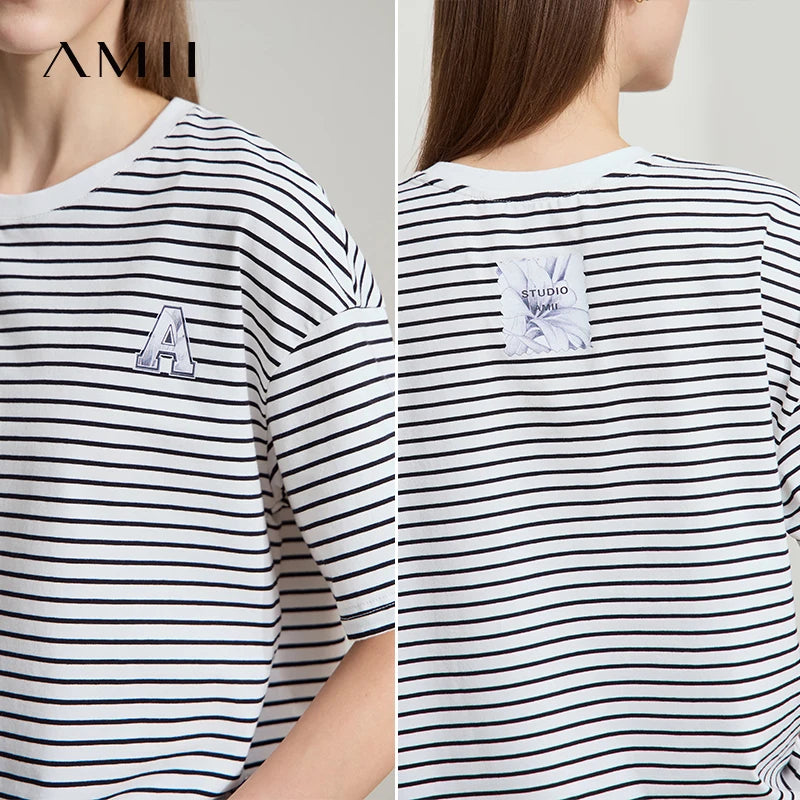 Damen T-Shirt aus reiner Baumwolle mit lässigem Streifenmuster und kurzen Ärmeln
