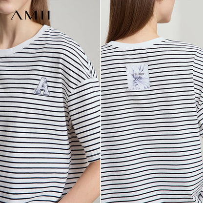 Damen T-Shirt aus reiner Baumwolle mit lässigem Streifenmuster und kurzen Ärmeln