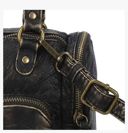 Damen-Umhängetasche in Vintage-Lederlook mit Mehrfachfächern und Top-Griff Reißverschluss