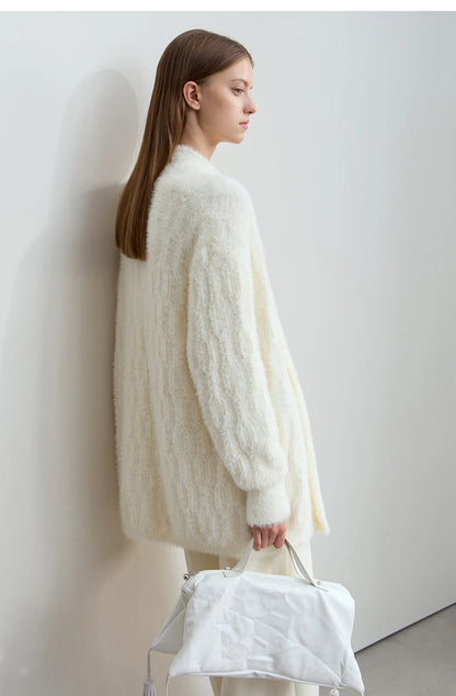 Damen-Strickjacke lang Nerz-Imitat Pile-Kragen locker warm Winter