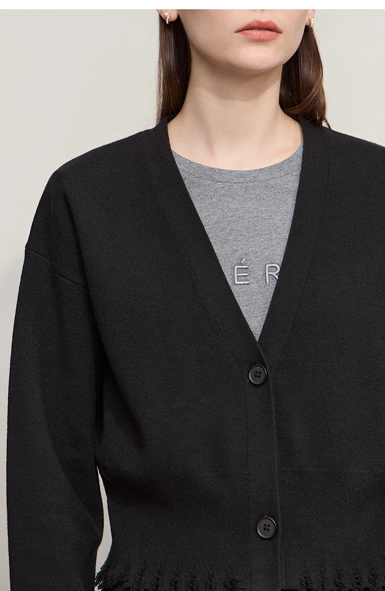 Damen-Strickjacke V-Ausschnitt kurz Quaste locker Langarm Herbst